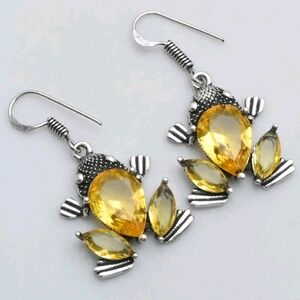 Citrine Gemstone 925 Sterling Silver Handmade Drop Dangle Frog Earrings